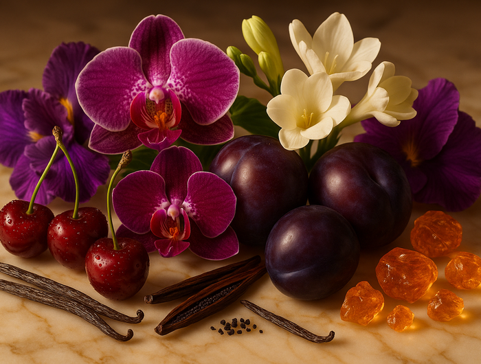 Create a luxurious image of ripe Cherry, juicy Plum, exotic Orchid, Freesia, Iris Musk, Vanilla pods, and soft Amber